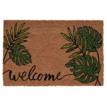 Covoras de intrare Welcome, 39x59 cm, fibra de cocos, maro/verde