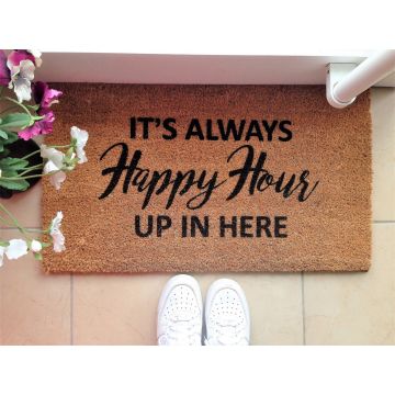 Covoras de intrare, Happy Hour , 70x40 cm, Fibra de cocos, Maro / Negru