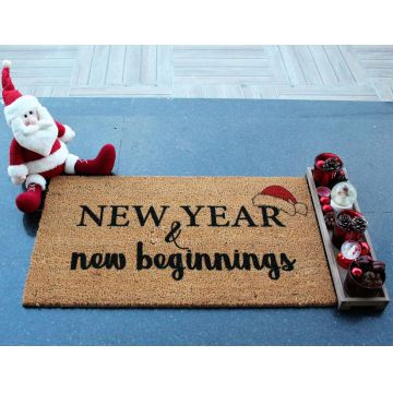 Covoras de intrare, New Year New Beginnings, 70x40 cm, Fibra de cocos, Maro / Negru