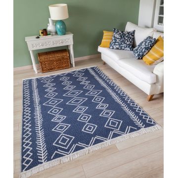 Covor, 23000A , 80x150 cm, Bumbac, Alb/Albastru