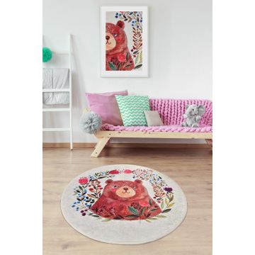 Covor de Copii Rotund Panda Rosu, Multicolor, 140x140 cm