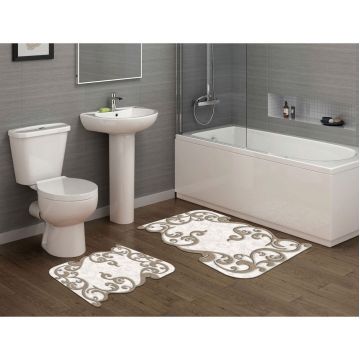 Set covorase de baie 2 piese, Alanur Home, 210FG41515BJ, Poliester, Bej/Alb