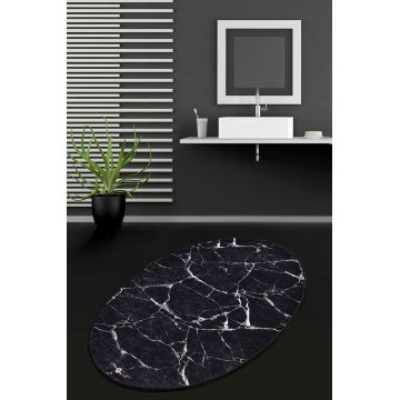 Covoras de baie, Chilai, Marble DJT, 80x120 cm, Catifea, Negru / Bleumarin / Alb