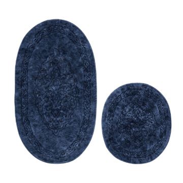 Set covorase de baie 2 piese, Alanur Home, Damaks-O, Bumbac, Albastru inchis
