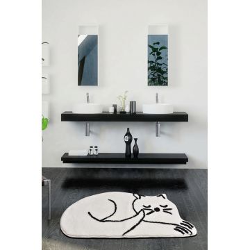 Covoras de baie, Chilai, Sleepıng Cat Whıte, 70x120 cm, Acril, Alb