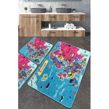 Set covoraș de baie (3 bucăți), Chilai, Carta, Poliester, Multicolor