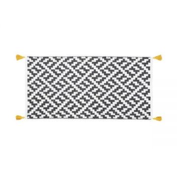 Covor cu ciucuri pentru living/dormitor,  Model zig- zag,  Bumbac tesut , 70 x 140 cm,  Alb/Antracit