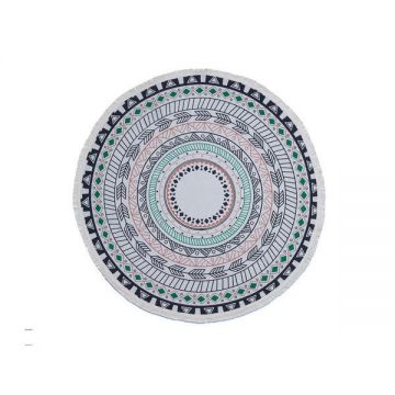 Covor rotund pentru living/dormitor cu motive mandala, diametru 120 cm, bumbac tesut, multicolor