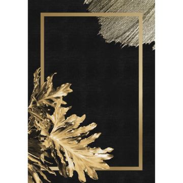 Covor modern Black Gold Leaf, 100% PES, imprimeu digital frunze, auriu/ negru, 130 x 190 cm