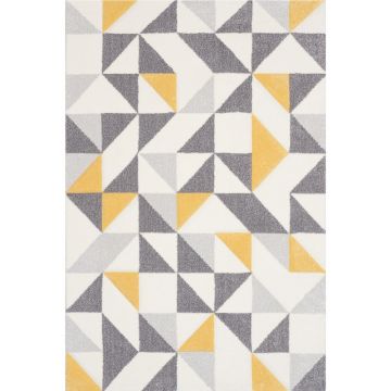 Covor modern Sintelon Pastel 28SGS, polipropilena, model geometric gri si galben, 80 x 150 cm
