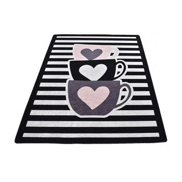 Covor de bucatarie Cups Heart, Negru-Crem, lavabil antiderapant, 80 x 200 cm