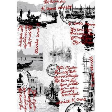 Covor modern Platin Venice 4076, polipropilena, model litere alb, negru, rosu, 160 x 230 cm