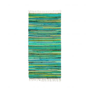 Covor pentru living/dormitor/hol, stil taranesc, Bumbac impletit in 3 culori, Verde/Turcoaz/Bleu