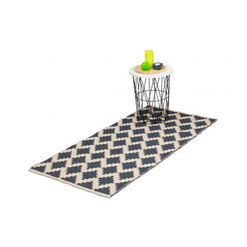Covor pentru living/dormitor, model romburi stilizate, bumbac tesut, 70 x 140 cm, bej/antracit